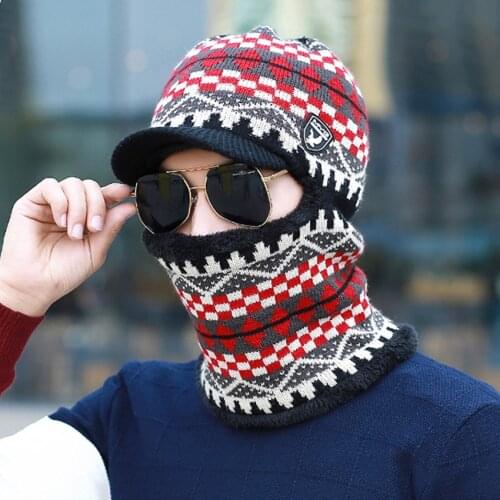 Mens Winter Hat Warm Wool Knit Balaclava Cap Snowflake Earflap Caps Mask Pocket Hat Beanies&Skullies