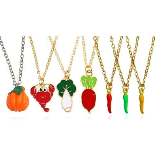 Radish Chilli Pepper Cabbage Pumpkin Peach Pendant Necklace Vegetables Fruit DIY Enamel Necklace For Women Kids Jewelry Gift