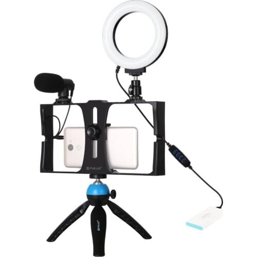 PULUZ 4 in 1 Vlogging Live Broadcast Smartphone Video Rig + 4.7 inch 12cm Ring LED Selfie Light Kits with Microphone for phone