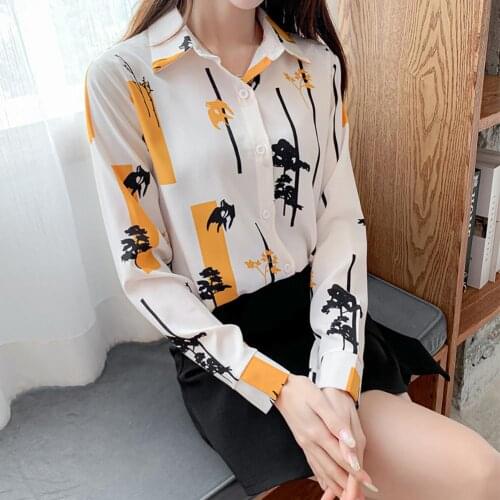 Tree Bird Print Comfortable Long Sleeve Women Top Chiffon Office Blouse Shirt Female Blouse Stylish Shirt Women Lady Tops