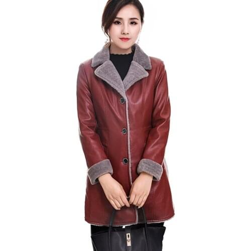 High Quality Plus Fleece Thick Winter Coats Plus Size Women Long PU Leather Jacket Office Ladies Lapel Collar Faux Leather Coat
