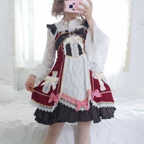 Japanese Lolita Princess Dress Bows JSK Soft Sister Dresses Lace Striped Straped Dress Kawaii Girl Women Vestidos AFC771