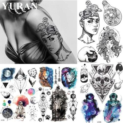 YURAN Black Fashion Arm Thinker Universe Fake Waterproof Tattoos Stickers Women Legs Tattoo Temporary Men Body Chest Skull Tatoo