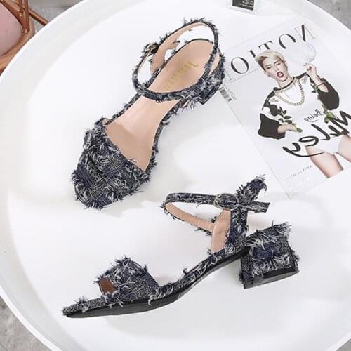 2020 Chunky Heels Sandals Women Denim Shoes Fringe Beach Sandals Buckle Strap Flipflops OL Work Shoes Women Low Heels Sandalias