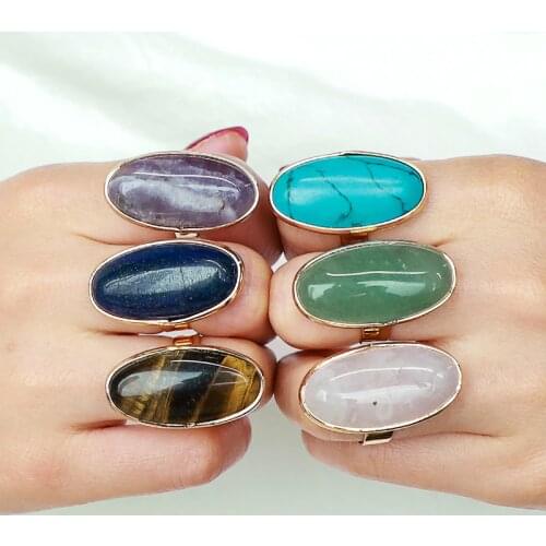 SAY HELLO Natural Stones Oval Green Aventurine Amethysts Turquoises lapis lazuli Rings for Women Finger Cuff Rings Ringe K5782