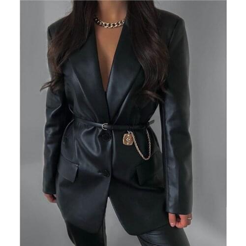 QINJOYER Women PU Leather Blazer Pockets Turn-down Collar Blazer Single Breasted Black Leather Jacket Ladies Casual Blazer Coat
