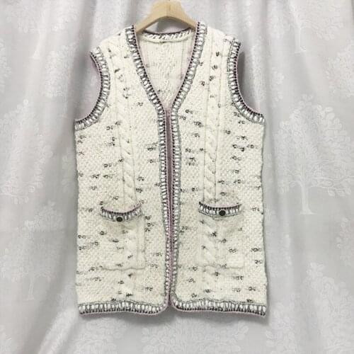 Ladies Catwalk Luxury Designer Sweater Knit Vest Chic Pattern Knit Pocket Sleeveless Party Style Cardigan Vest Womens Clothing