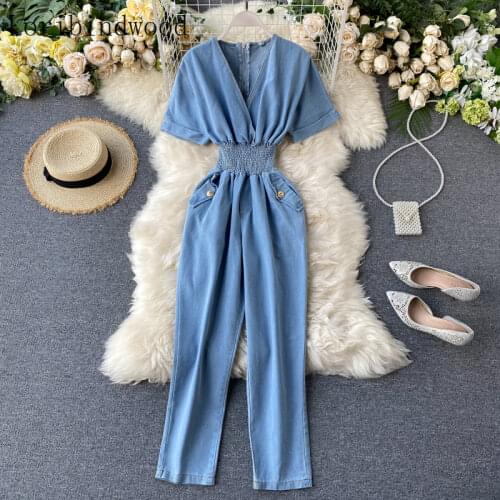 2021 Summer Denim Jumpsuit Vintage Short Sleeves V-Neck Elastic Waist Straight Jeans Casual Overalls Club Outfits for Women