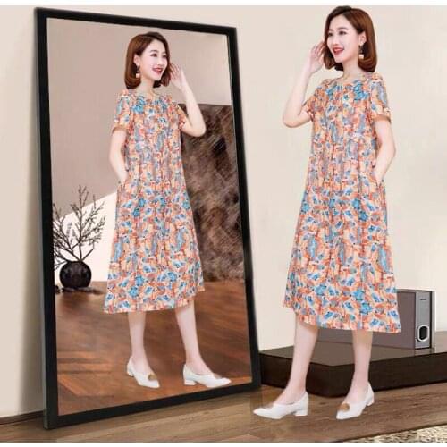 2021 New Summer Middle Aged Women Short Sleeve O Neck Fashion Print Dress Female Casual Plus Size 4xl Dresses Vestidos X70