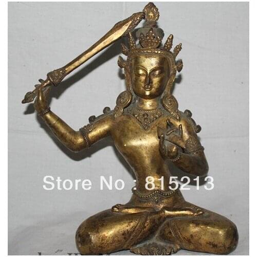 Bi00597 11" Tibet Tibetan Bronze 24K Gilt Wenshu Manjushri Boddhisattva Sword Statue