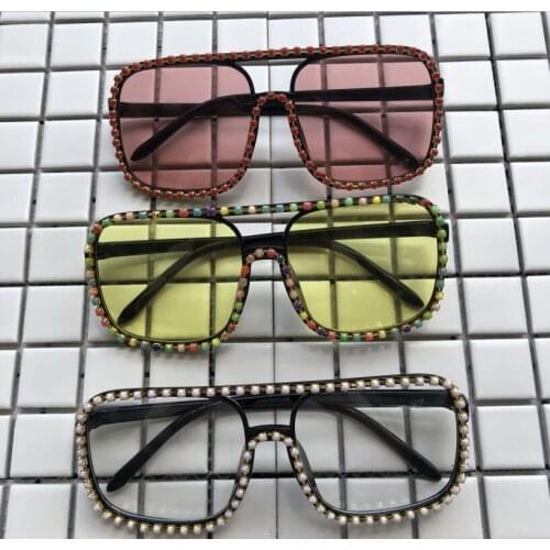 Oversized Square Diamond Beads Sunglasses Clear Lens Eyewear Rainbow Diamond Handmade Eyewear Large Shades Eyeglasses Gafas de