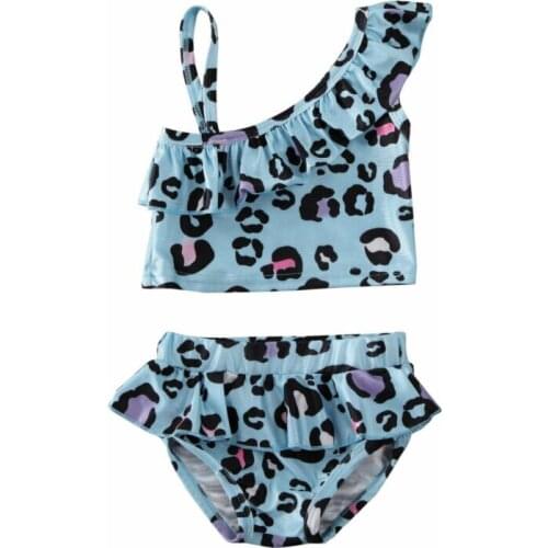 Kid Baby Girls Leopard Swimwear Swimsuit Bikini One Strap Shoulder Swimming Ruffle Shorts Costume Bathing Suit