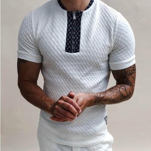 2021 Summer Fashion Patchwork T-Shirt Vintage Stand Collar Zipper Tops Streetwear Casual Short Sleeve Knitted Tee Shirts For Men