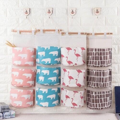 Cotton Linen Wall Hanging Storage Bags Organizer 3 Pockets Closet Children Room Organizer Pouch for Toys Books Cosmetic Sundries