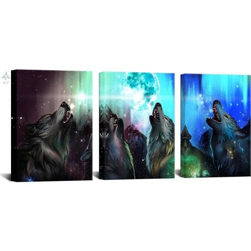 Wolf Howling To The Moon Northern Lights Painting Home Decoration