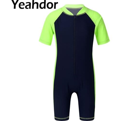 Kids Boys Girls One Piece Quick Dry Swimwear Jumpsuit Short Sleeves Zippered Shorty Wetsuit Swimsuit Bathing Suit Surf Rashguard