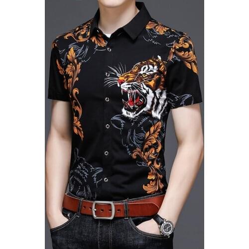 Summer Mens Short Sleeve Bird Tiger Print Cotton Chinese Style Casual Shirt K3