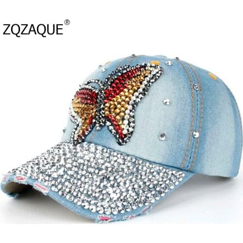 New Arrival Luxury Diamonds Baseball Caps Girls Fashion Summer Beautiful Butterfly Pattern Caps BLING Beading Denim Hats YJ07