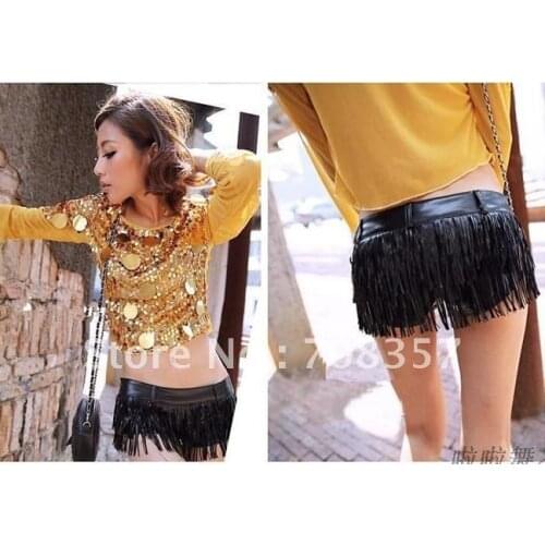 New Designer Sexy Tassel Night Club DS Costumes Black Jazz Dance Shorts Womens Hot Soft Pu Leather Shorts