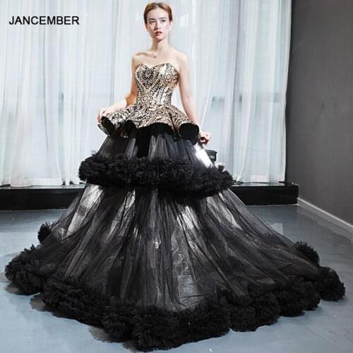 J66914 jancember plus size formal dress black sleeveless lace up strapless evening gown dress golden lace ruffle платье вечернее