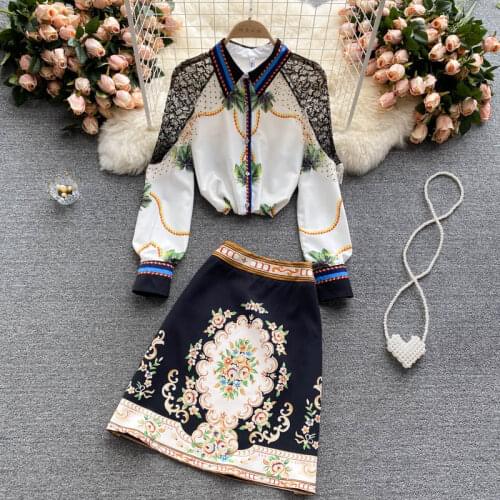 2021 Autumn 2 Piece Set Women Printed Long Sleeve Blouses Tops And High Waist Slim Skirt Chic Womens Office Sui Female Set