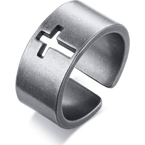Punk Hollow Cross Gray Ring Women Men Vintage Stainless Steel Open Ring Jewelry
