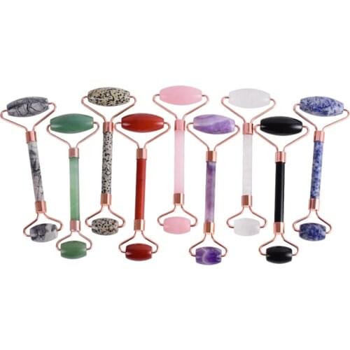 Rose Gold Metal Jade Face Roller Double Head Natural Quartz Stone Crystal Facial Massager Slimming Anti Wrinkle Cellulite Tool