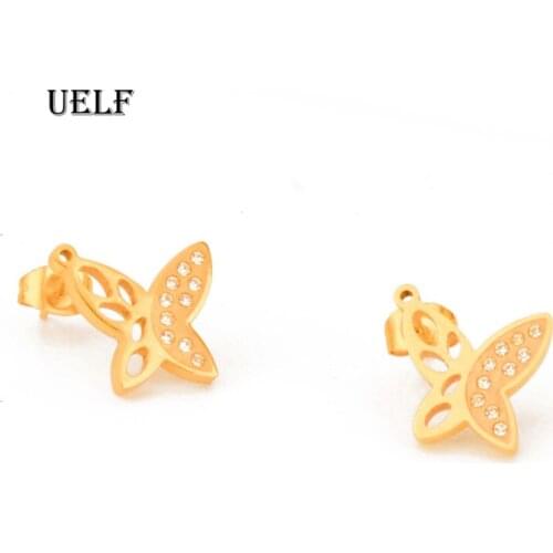 Uelf Fashion Gold Color AAA+ Cubic Zirconia Stainless Steel CZ Cute Butterfly Stud Earrings for Women