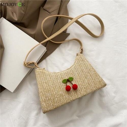 Vintage Woven PU Cherry Sunflower Small Messenger Bag Women Beach Vacation Purse Retro Female Travel Small Subaxillary Bags