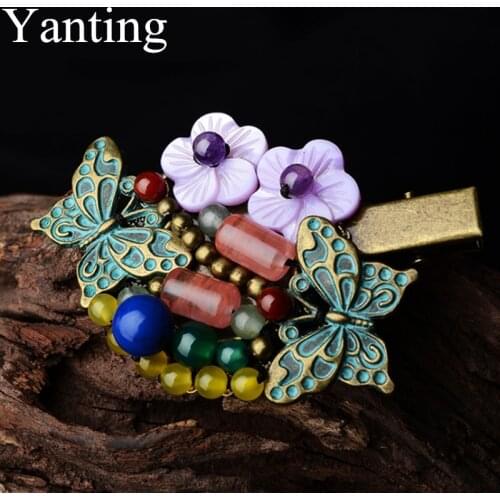 Yanting Vintage Hair Clip Pin Ancient Copper Butterfly Watermelon Crystal Beads Shell Flower Natural Stone Clips For Hair 069