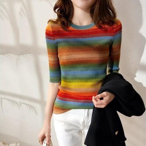 Knitted woman sweaters Pullovers spring Autumn Basic Rainbow Stripped womens jumper Slim womens sweater long sleeve SY087