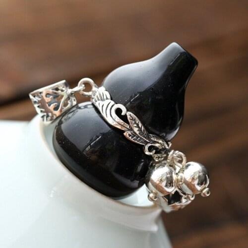 S925 Sterling Silver Jewelry Handmade Natural Obsidian Large Gourd Pendant Retro Thai Silver Pendant Fashion Men And Women