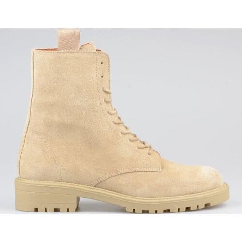 FootCourt- Suede Beige Genuine Leather Womens Military Combat Boots Students Ankle Boots Retro Punk Ladies Shoes Botas Mujer