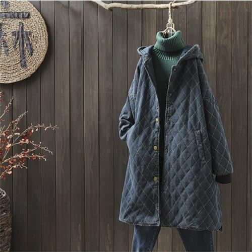 New Winter Oversize Fashion Vintage Diamond Lattice Hooded Parka Women Casual Pockets Cotton Jackets Coat Loose Long Outerwear