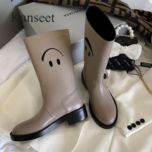 Kanseet New 2021 Autumn Women Mid-Calf Boots Cow Leather Handmade Fashion Design Round Toe Female Mid Heels Boots Khaki Size 40