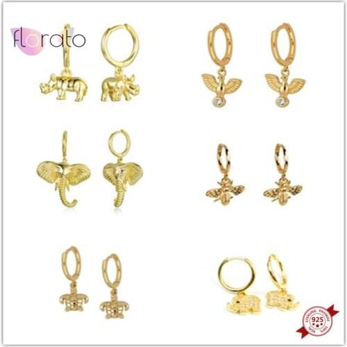 925 Sterling Silver Elephant Rhinoceros Snake Pigeon Bee Sea Turtle Drop Hoop Earrings animals Huggie Earrings For Women Jewelry