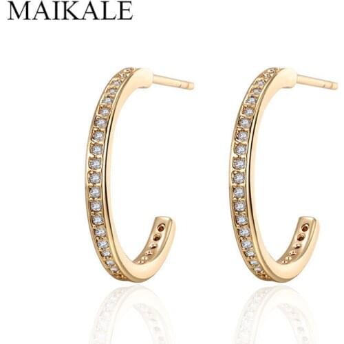 MAIKALE Elegant Semi-circle C Shape Hoop Paved Cubic Zirconia Gold CZ Gem Stone Round Earrings for Women Temperament Jewelry
