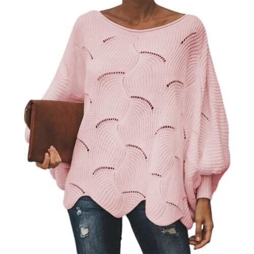 Autumn Women Thin Sweater Pullover Solid Color Batwing Sleeve Knitwear Flower Edge Hem Hollow O-Neck Long Sleeve Jumpers Sweater