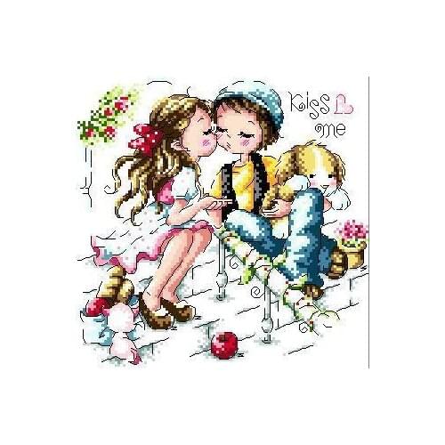 Gold Collection Counted Cross Stitch Kit Kiss Me Love Korean Cuties Little Girl and Boy SO