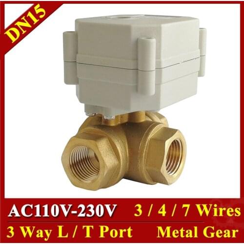 3 Way Brass Valve 1/2" AC110-230V Horizontal Motorized Ball Valves L Type T Type DN15 Electric Ball Valves 2/5 Wires Metal Gear