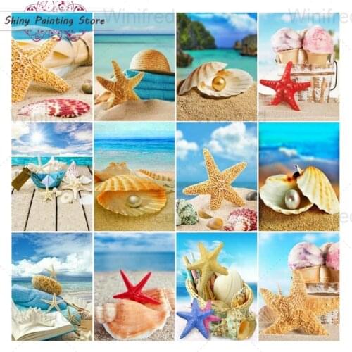 5D DIY Full Diamond Painting Shell Starfish Beach Seaside Scenery Cross Stitch Kit Diamond Embroidery Mosaic Handmade Decoration