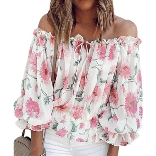 Women Long Sleeve Off Shoulder Floral Print Summer Lace Up Blouse Tops Shirts Female Blouses Sexy Casual Blouse For Women