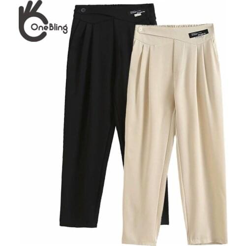 OneBling Khaki Black Fold Front Office Suit Pants Summer High Waist Ankle Length Women Casual Trousers Female Career Pant Traf