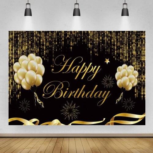 Happy Birthday Party Backdrop Black and Gold Glitter Balloons Background Sparkle Shining Dots Abstract Decoration Photo Booth