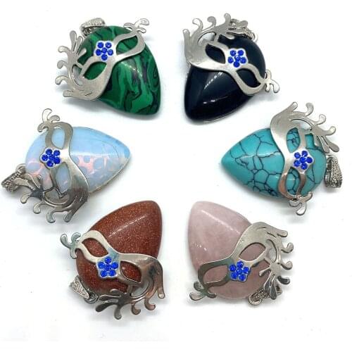 Natural Stone Pendant Agate Amethyst Malachite Opal Mask Inlaid Drop-shaped Pendant for Making DIY Necklace Bracelet Supplies