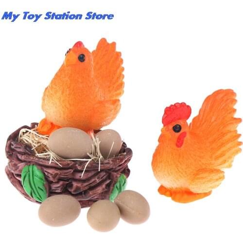 Scale 1: 12 Cock Hen Egg Nest Set Doll House Chicken Miniature Mini Dollhouse Decor Children Gift Pretend Play Toy