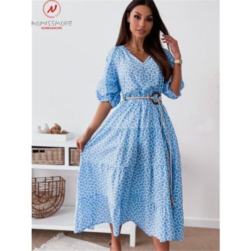 Fashion Women Summer A-Line Dress Patchwork Design Bandage Decor V-Neck Lantern Half Sleeve Mid Waist Print Slim Long Dress