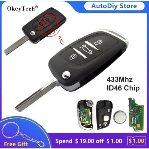 OkeyTech 3 Button ASK Modified Flip Remote Car Key Fob For Peugeot 207 307 407 308 For Citroen C2 C3 C4 433Mhz ID46 Chip HU83