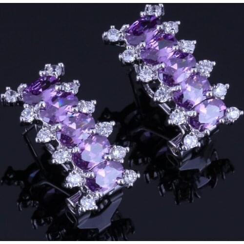 Resplendent Rectangle Purple Cubic Zirconia White CZ Silver Plated Clip Hoop Huggie Earrings V0912
