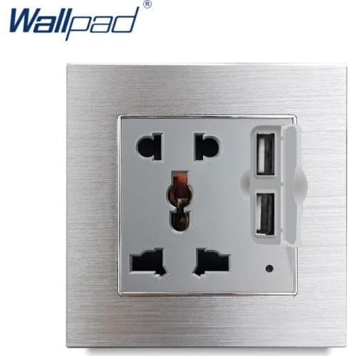 Silver 5 Pin Universal Socket With Usb Wallpad Luxury Aluminium Satin Metal Panel Universal Socket with USB Wall Outlet 220V